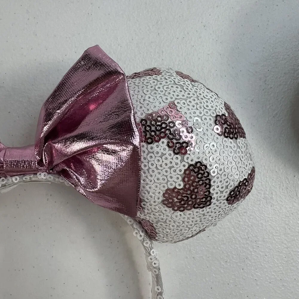Disney Store Minnie Mickey Mouse Sequins Hearts Ears Pink Gingham Headband Black